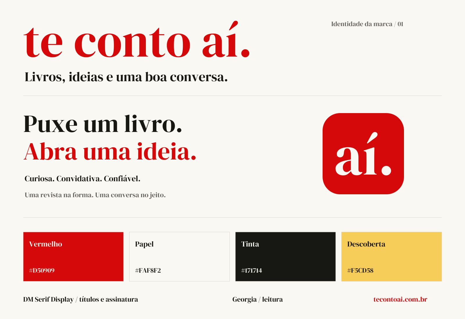 Prancha de identidade Te Conto Aí: logo, símbolo, paleta, tipografia e posicionamento